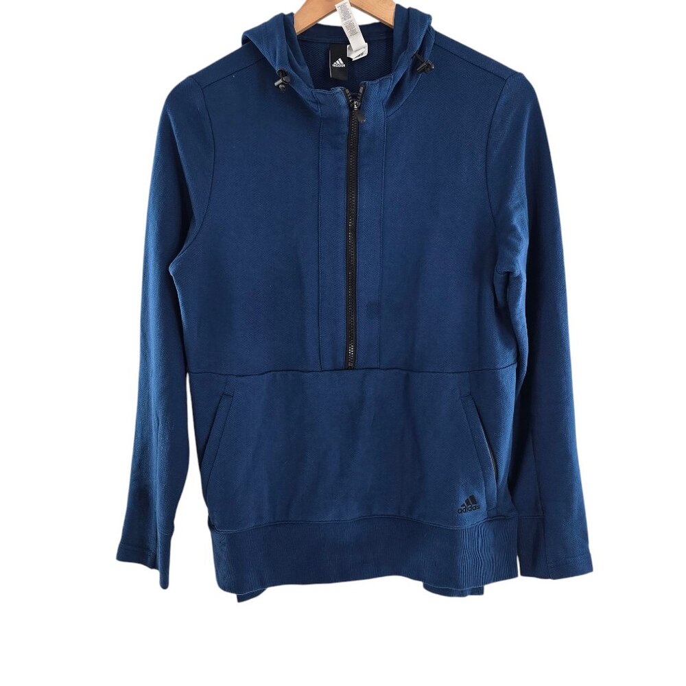 Adidas Womens Hooded Sweater Blue Fleece 1/2 Zip Long Sleeve Pockets Size S